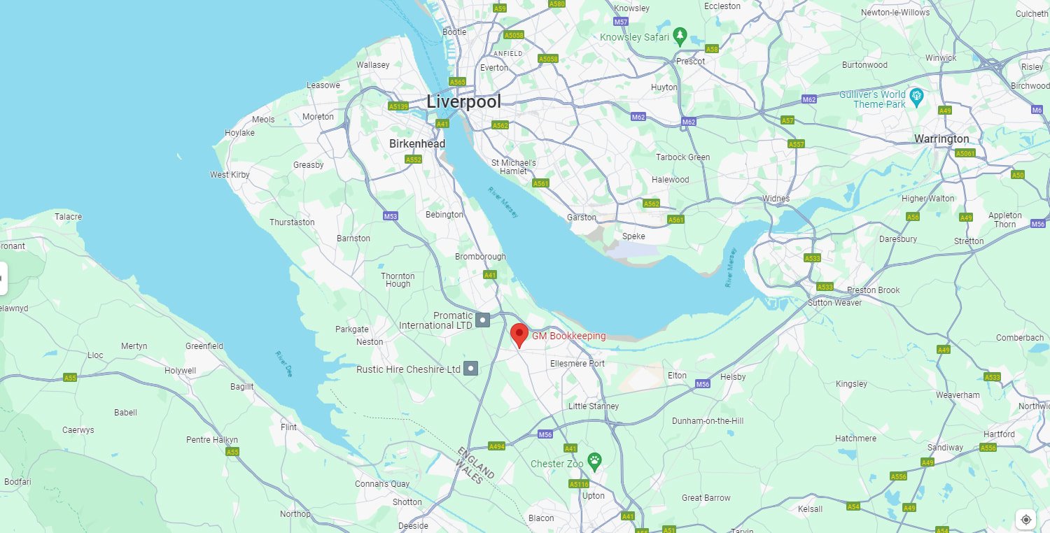 Map showing bookkeeping service area in Ellesmere Port, Little Sutton, and Wirral